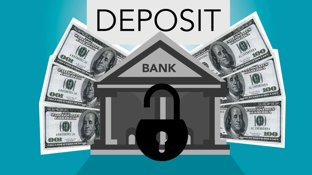 A bank building with a padlock in front of it, surrounded by five $100 bills.